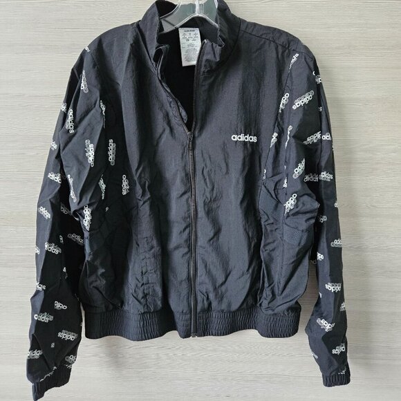 Adidas Womens Black Full-Zip Sport Track Jacket All-Over Logo & Elastic Hem M - Picture 2 of 16